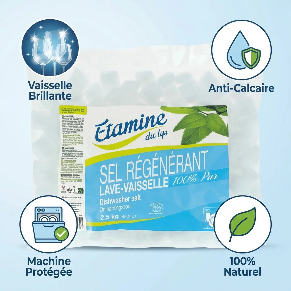 Sel régénérant pastilles Etamine du Lys avec bénéfices vaisselle brillante anti-calcaire naturel