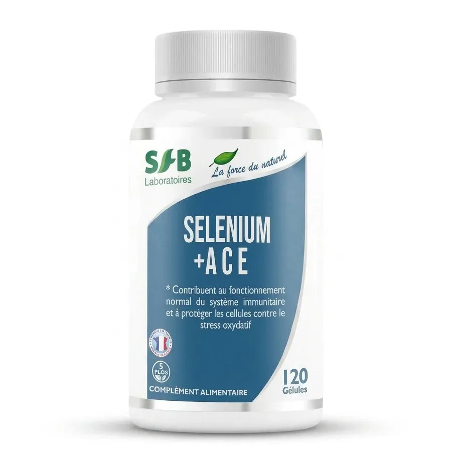 Flacon Selenium + ACE SFB en gélules sur fond blanc, complément alimentaire antioxydant