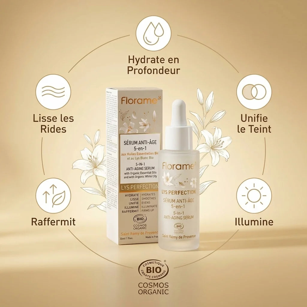 Sérum Anti-Âge 5-en-1 Florame bio avec infographie des 5 bénéfices: hydratation, rides, teint, luminosité, fermeté