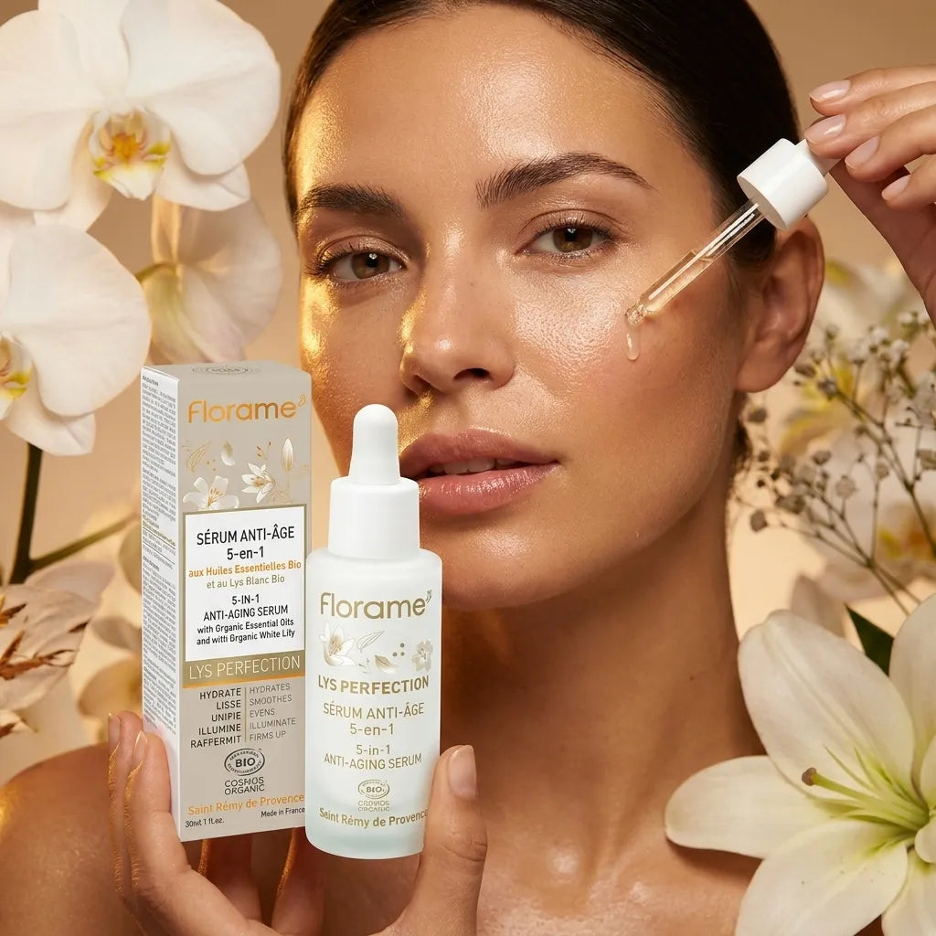 Sérum anti-âge bio Florame appliqué sur peau radieuse avec flacon compte-gouttes