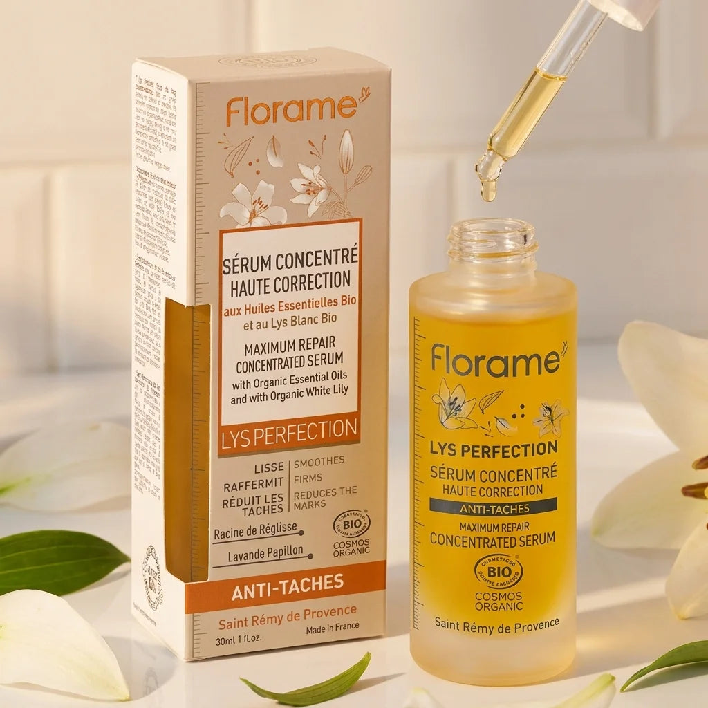 Sérum Anti-Âge Bio Lys Perfection Florame application visage peau lumineuse