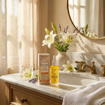Sérum Anti-Âge Bio Lys Perfection Florame sur marbre blanc avec fleurs fraîches