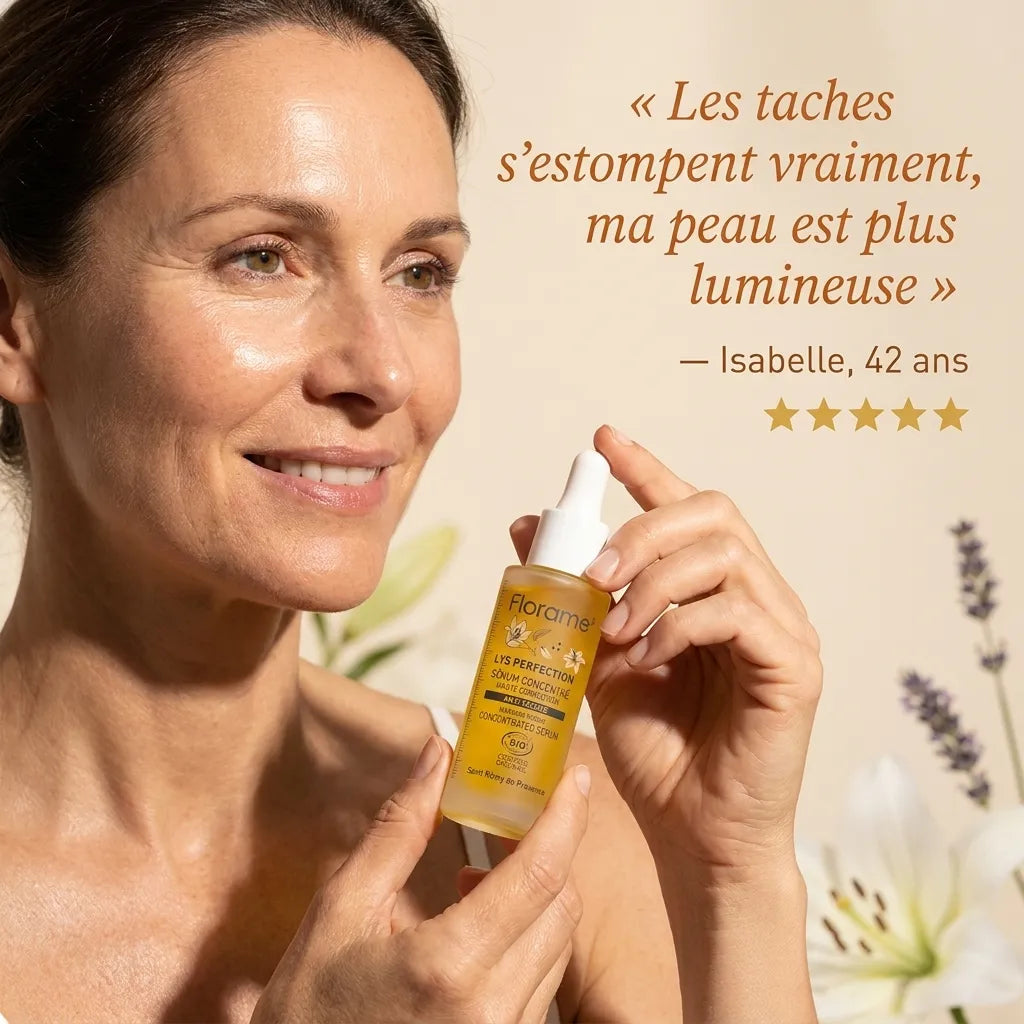 Femme tenant le sérum anti-âge bio Lys Perfection Florame avec témoignage client 5 étoiles