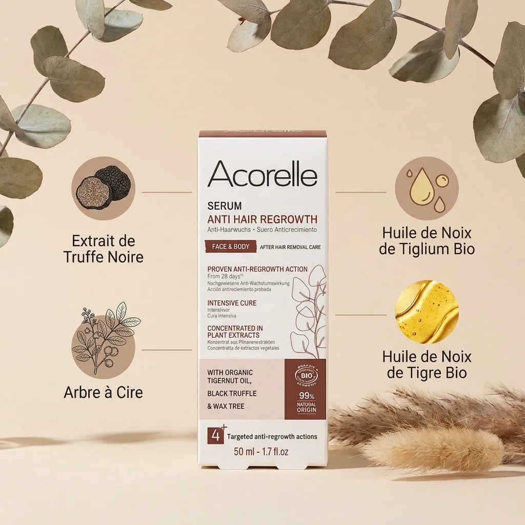 Sérum anti-repousse bio Acorelle 50ml avec ingrédients naturels: truffe noire, huile de noix de tiglium