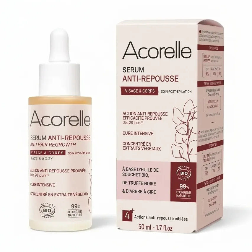 Sérum anti-repousse bio Acorelle flacon et emballage sur fond blanc