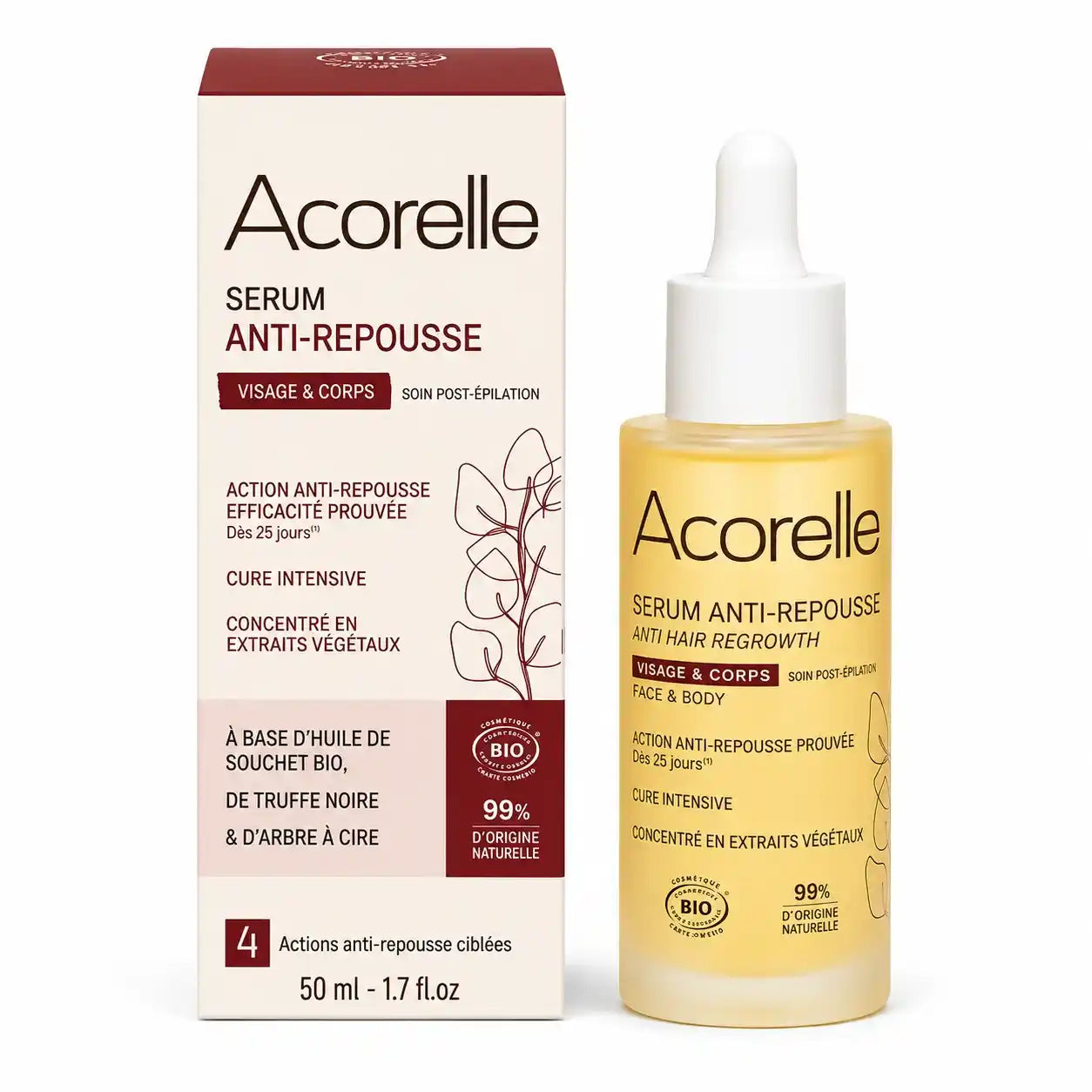 Sérum anti-repousse bio Acorelle flacon et emballage sur fond blanc