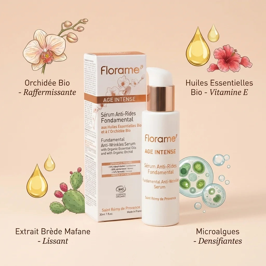 Sérum anti-rides Florame bio avec ingrédients naturels : orchidée, huiles essentielles et microalgues