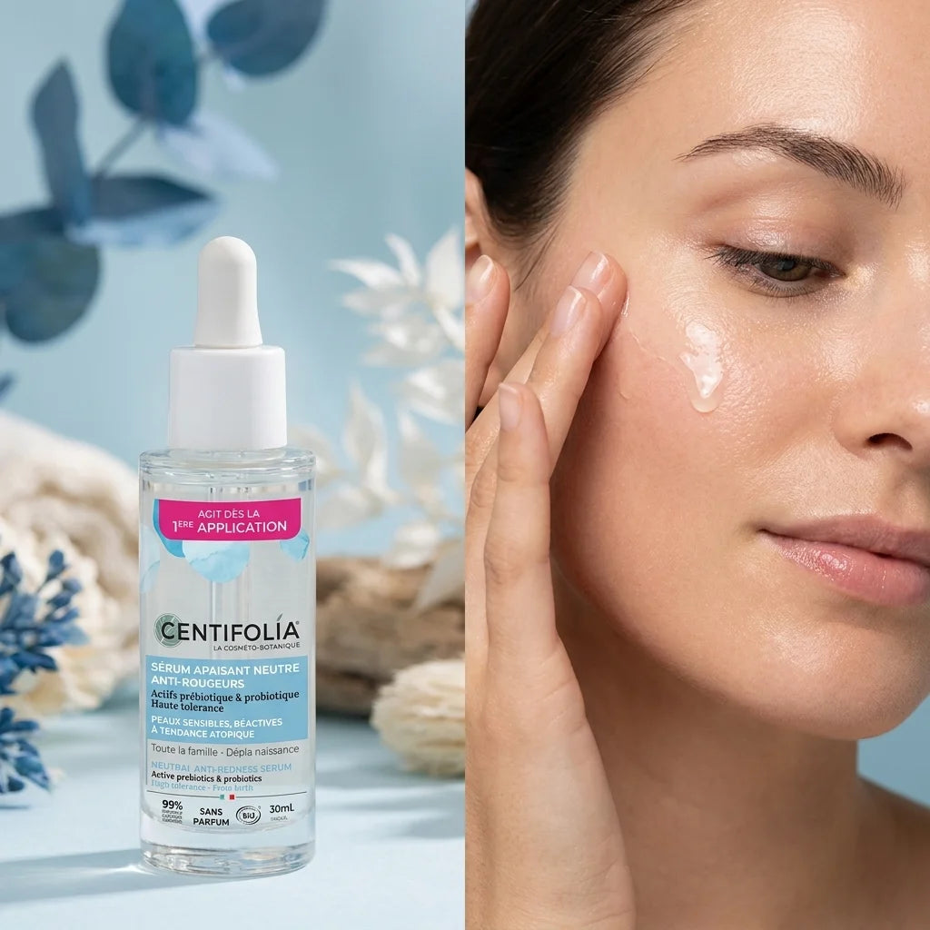 Sérum Apaisant Neutre Anti-Rougeurs Centifolia appliqué sur peau sensible apaisée