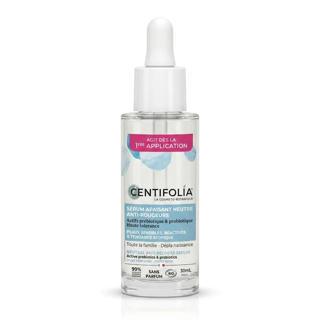 Sérum Apaisant Neutre Anti-Rougeurs Centifolia bio avec pipette sur fond blanc
