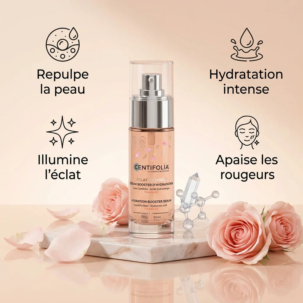 Sérum hydratation Centifolia bio avec bénéfices : repulpe, hydrate, apaise et illumine la peau