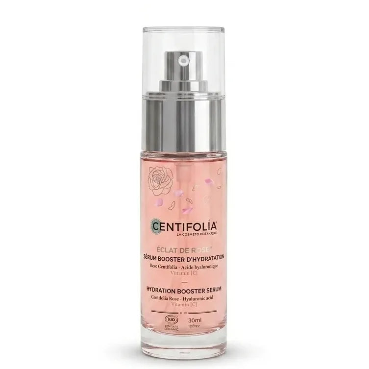 Sérum booster d'hydratation bio Centifolia spray, flacon avec étiquette rose certifié