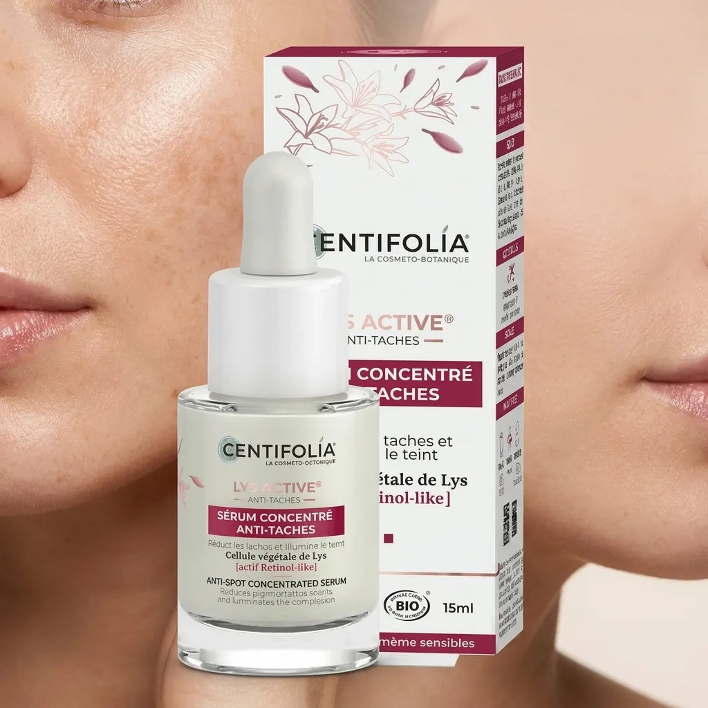 Sérum Anti-Taches Centifolia bio avec flacon compte-gouttes sur peau lumineuse sans taches