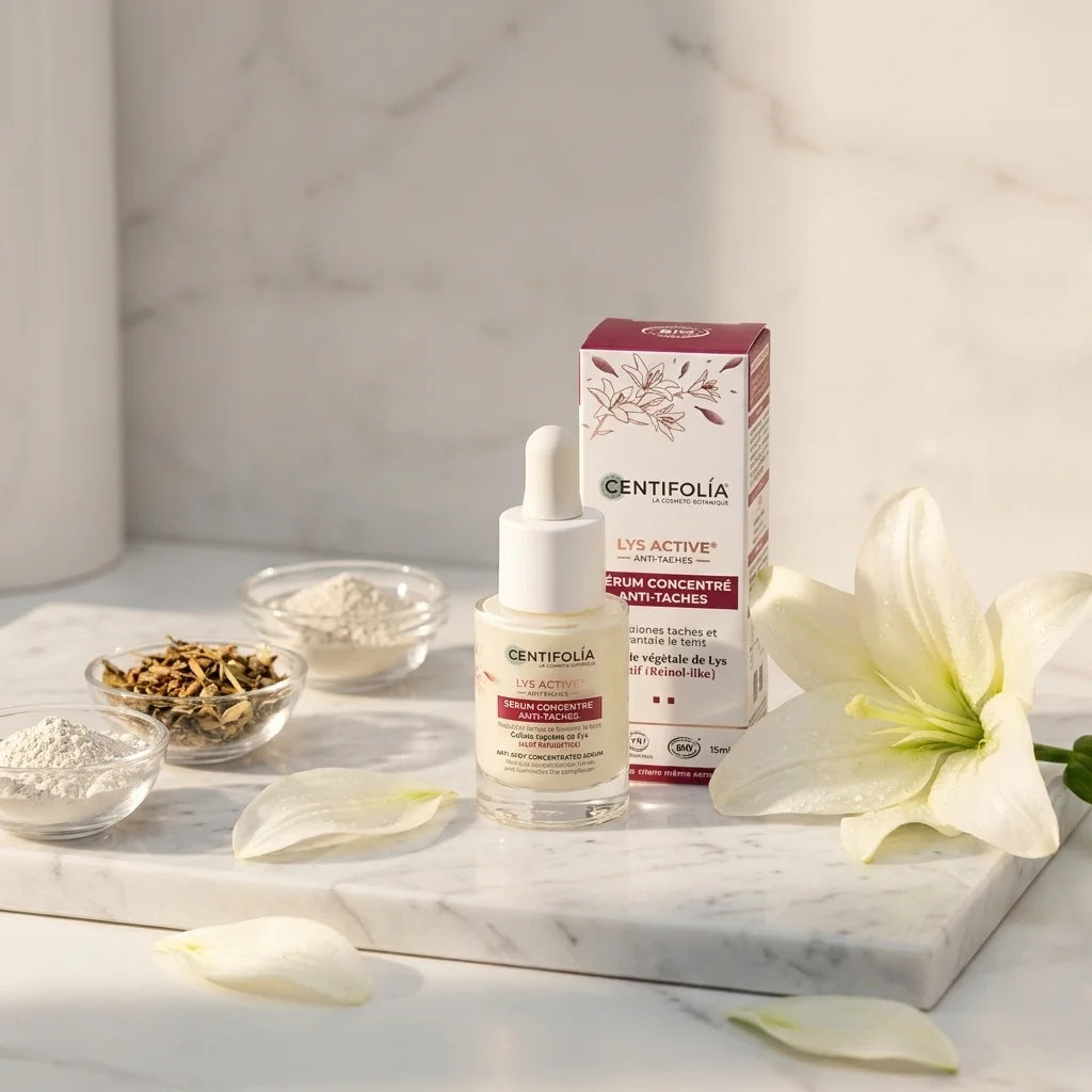 Sérum anti-taches Centifolia bio sur vanité marbre avec fleurs blanches et ingrédients naturels