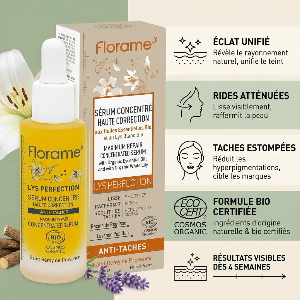 Sérum bio Florame avec bénéfices : éclat, rides atténuées, taches estompées, formule certifiée