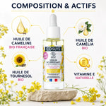 Sérum nourrissant Coslys bio 30ml avec ingrédients : huile de cameline, tournesol, camélia et vitamine E