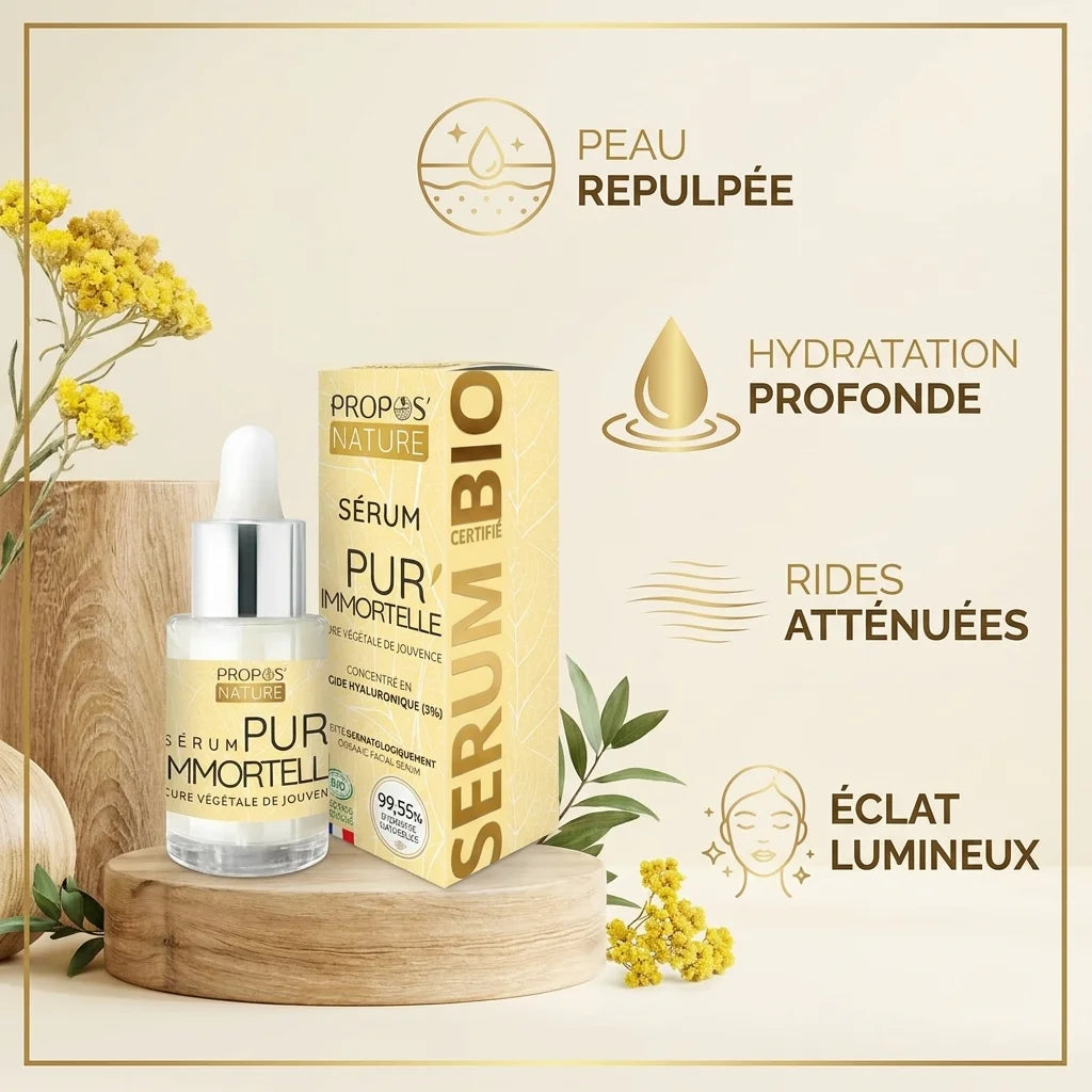 Sérum Pur'immortelle bio Propos'Nature avec bénéfices : peau repulpée, hydratation, rides atténuées, éclat