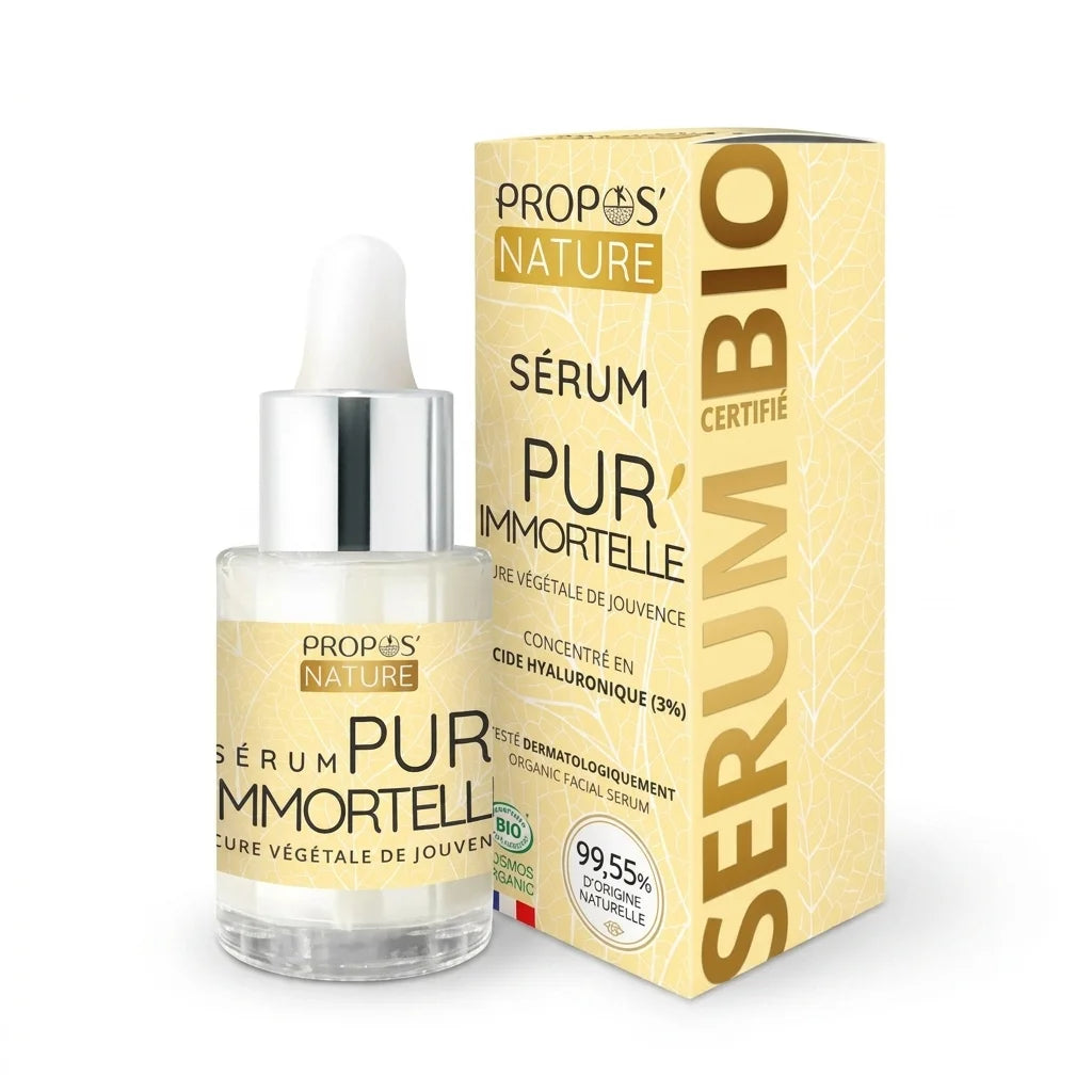 Sérum Pur'immortelle bio Propos'Nature flacon avec pipette et packaging doré