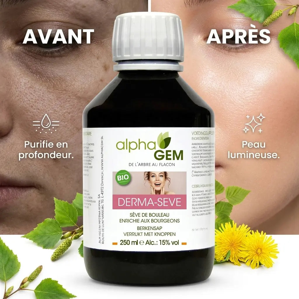 Sève de bouleau Derma-sève Alphagem avant/après : peau purifiée et lumineuse