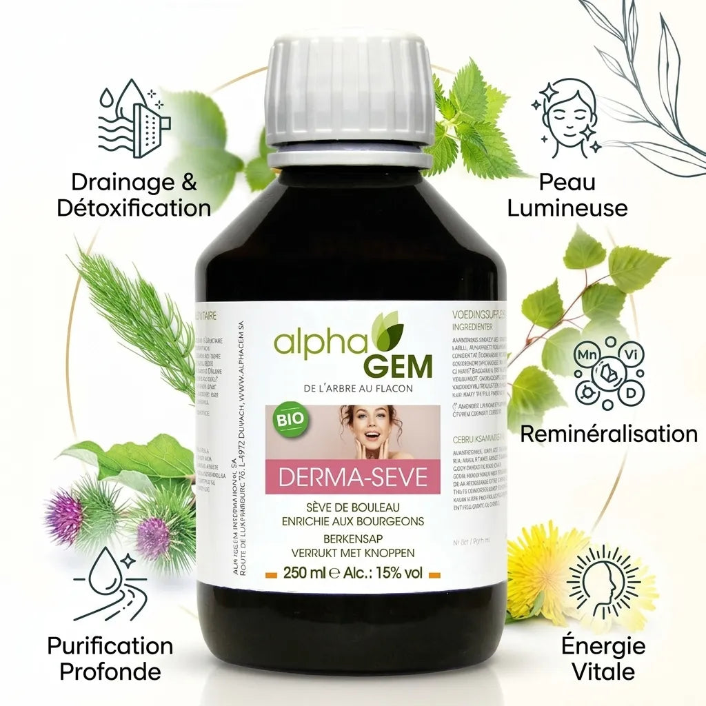 Sève de bouleau bio Derma-sève Alphagem avec ses 5 bénéfices : drainage, peau lumineuse, reminéralisation