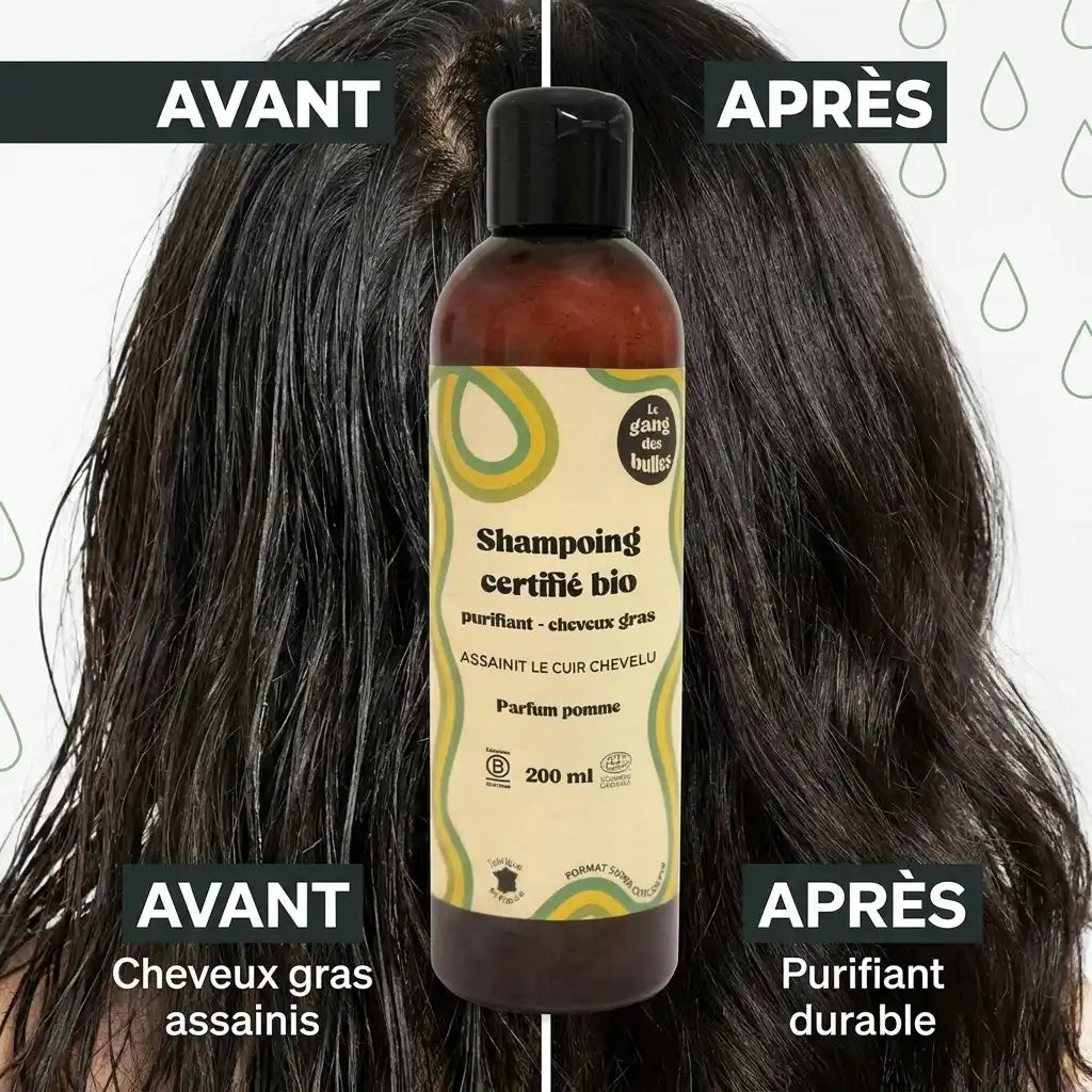 Shampoing bio cheveux gras Le Gang des Bulles avant/après - cheveux assainis et purifiés
