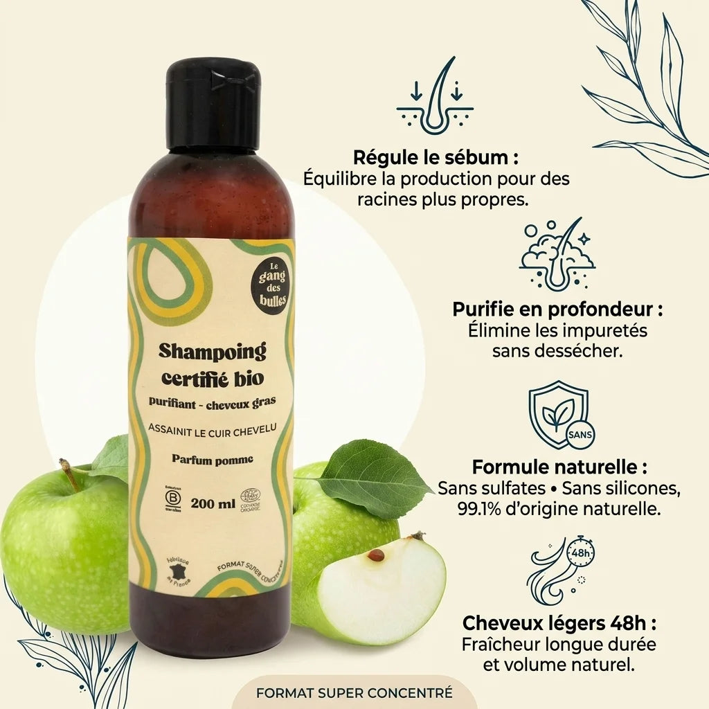Shampoing bio Le Gang des Bulles cheveux gras avec bénéfices : régule sébum, purifie, sans sulfate, légèreté 48h