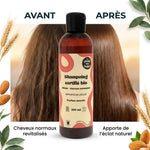 Shampoing bio Le Gang des Bulles avant après cheveux normaux brillants revitalisés