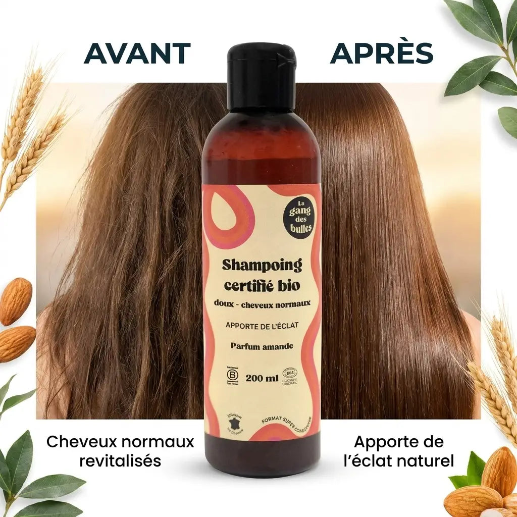 Shampoing bio Le Gang des Bulles avant après cheveux normaux brillants revitalisés