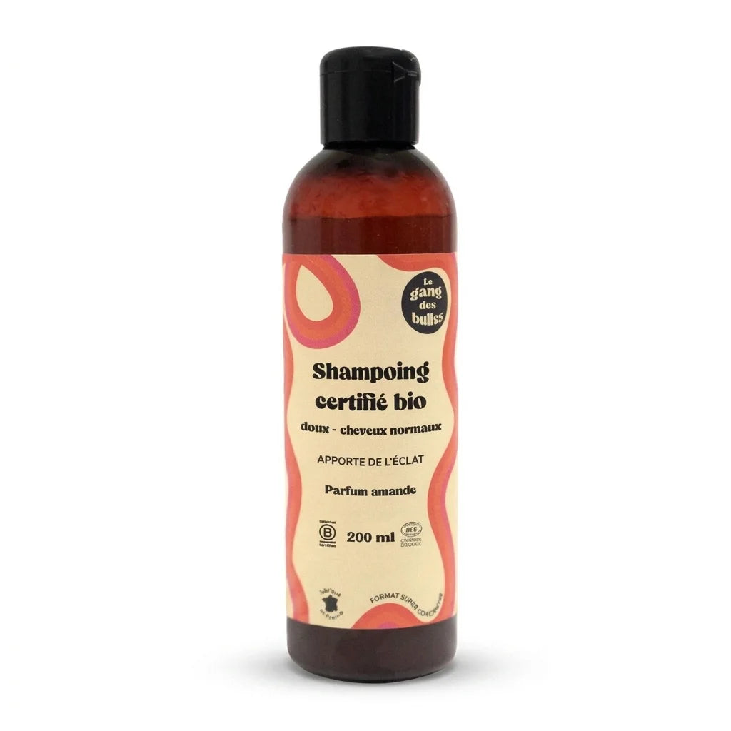 Shampoing bio Le Gang des Bulles 200ml pour cheveux normaux, flacon en verre ambré