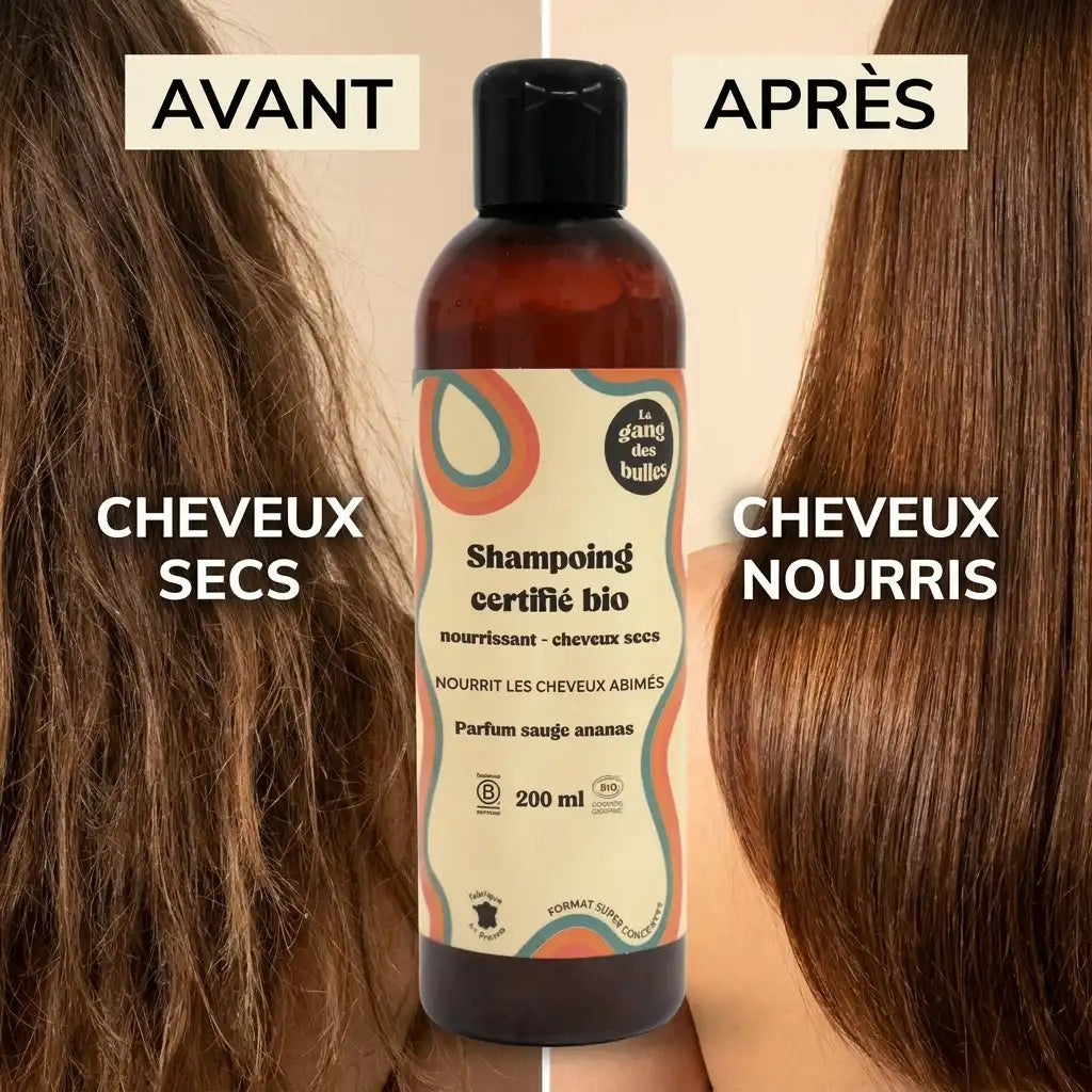 Avant-après shampoing bio Le Gang des Bulles - cheveux secs transformés en cheveux nourris