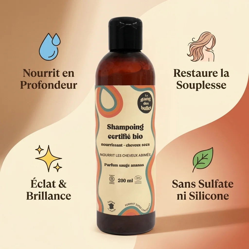 Shampoing bio Le Gang des Bulles cheveux secs avec 4 bénéfices : nutrition, souplesse, brillance, sans sulfate