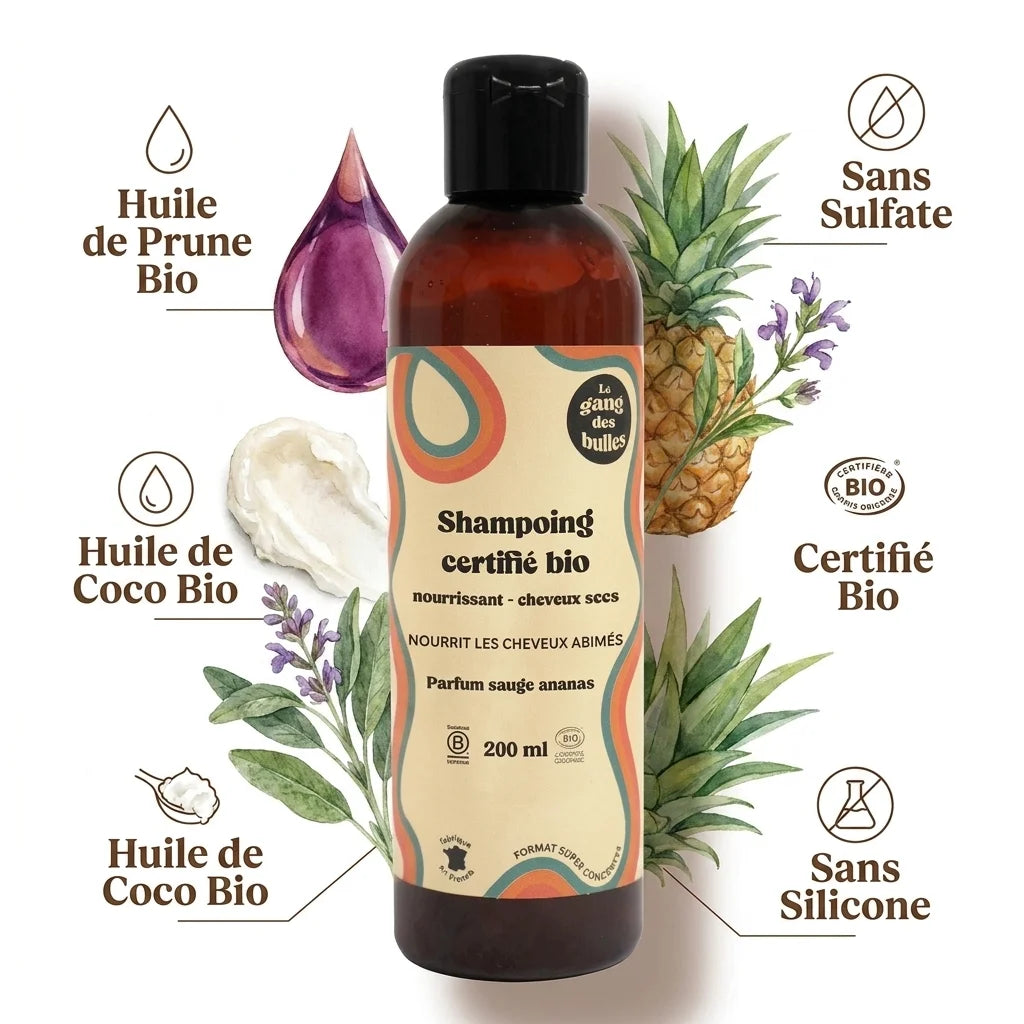 Shampoing bio cheveux secs Le Gang des Bulles avec huile de prune et coco bio