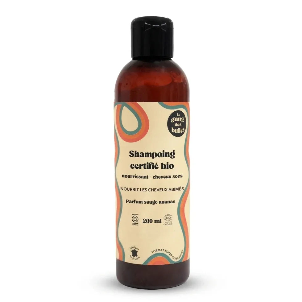 Shampoing bio Le Gang des Bulles pour cheveux secs en bouteille verre ambré 200ml