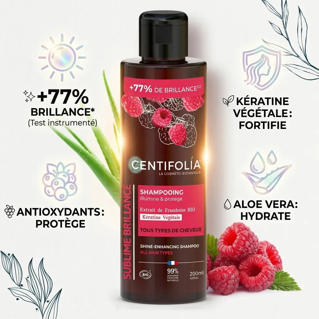 Shampoing Brillance bio Centifolia avec kératine végétale, extrait framboise et aloe vera