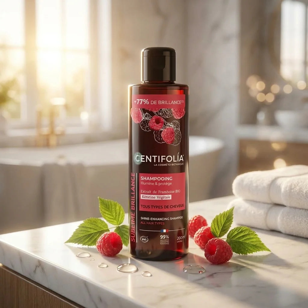Shampoing Brillance Centifolia bio avec framboises et feuilles vertes sur marbre