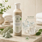 Shampoing bio argile eau thermale 250ml avec ingrédients naturels sur fond marbre