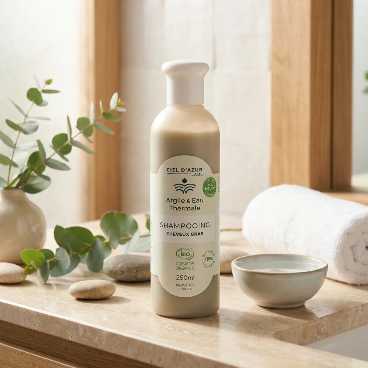 Shampoing bio cheveux gras Argile et Eau Thermale 250ml sur vanité spa minimaliste
