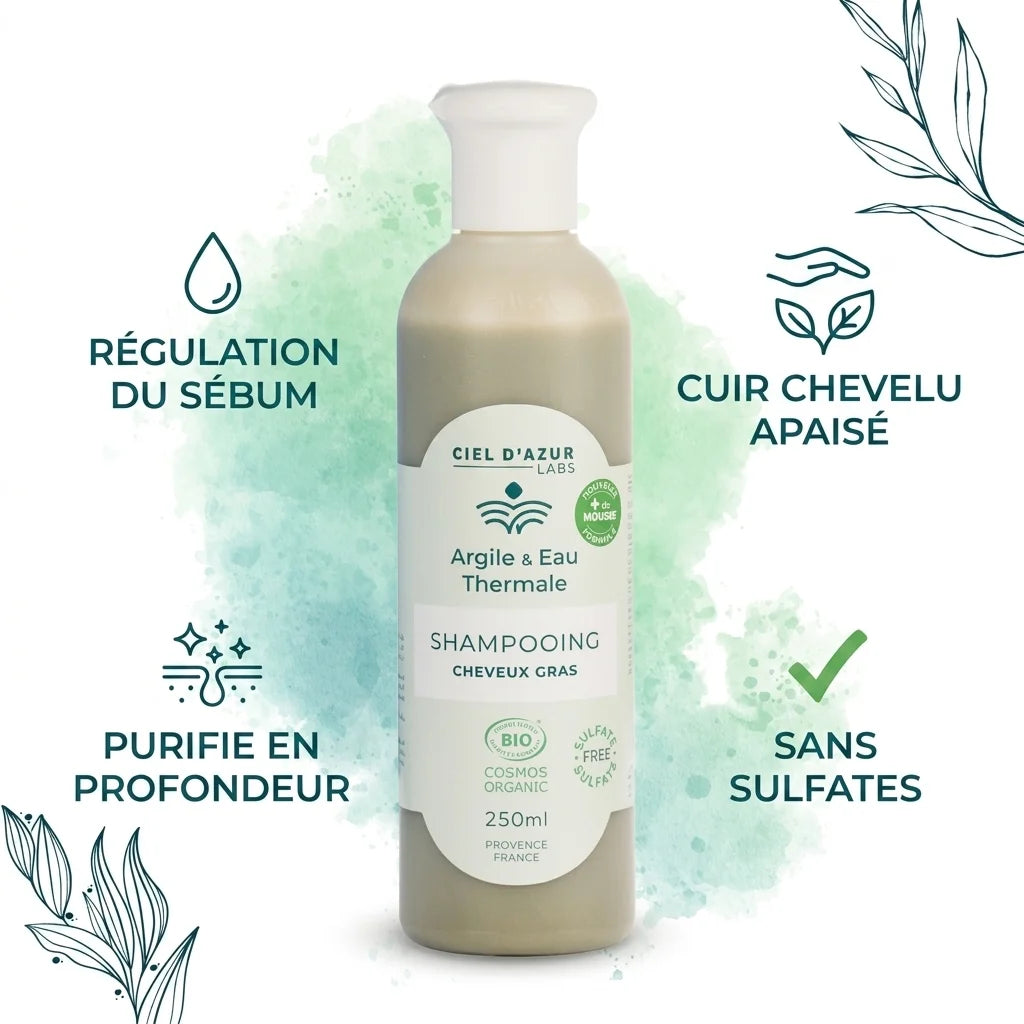 Shampoing bio cheveux gras 250ml argile eau thermale avec bénéfices régulation sébum cuir chevelu apaisé