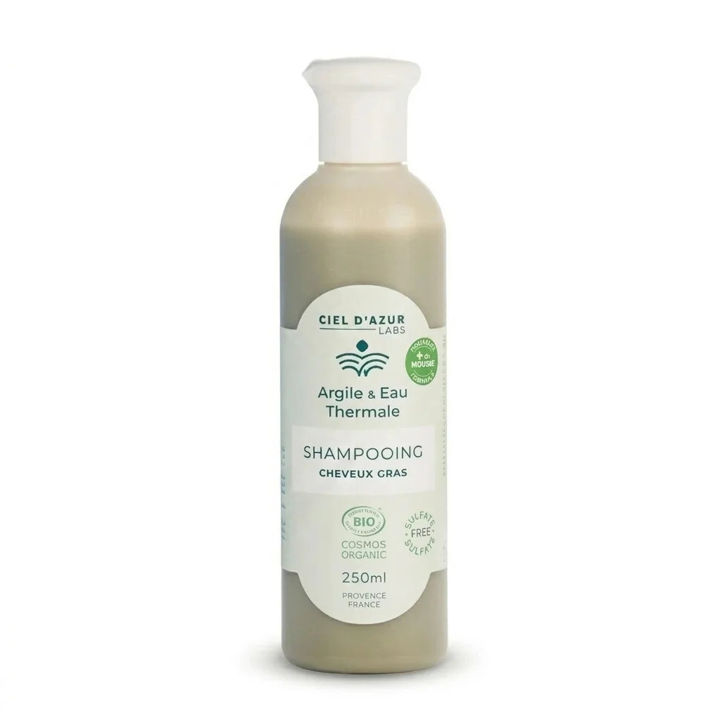 Shampoing bio 250ml cheveux gras à l'argile et eau thermale, flacon blanc et vert