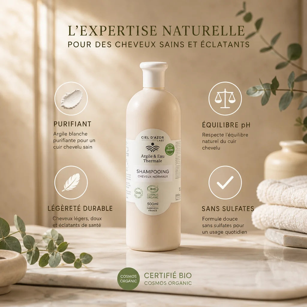 Shampoing bio Argile & Eau Thermale avec bénéfices : purifiant, équilibre pH, légèreté durable, sans sulfates