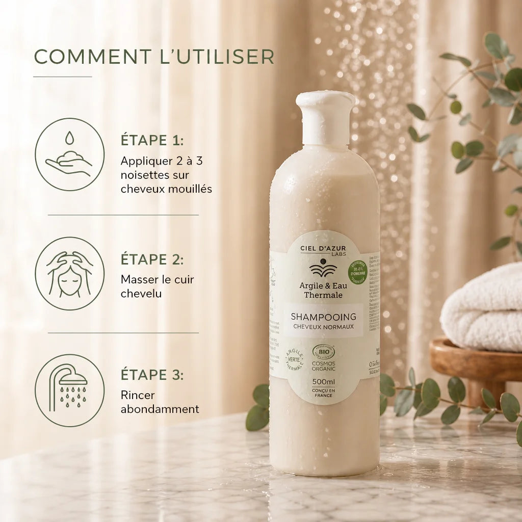 Shampoing bio Argile & Eau Thermale cheveux normaux - bouteille 500ml avec guide d'utilisation