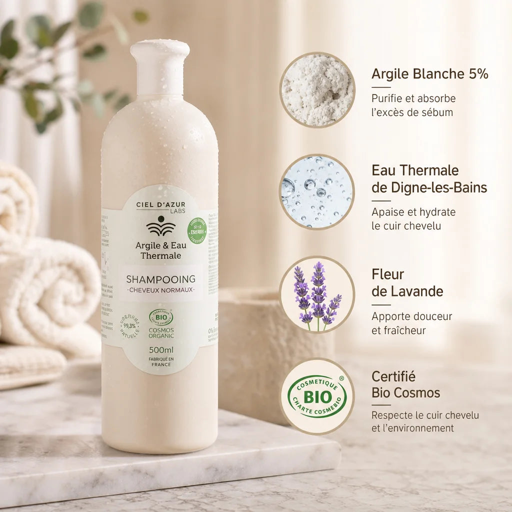 Shampoing bio Ciel d'Azur Labs à l'argile et eau thermale avec ingrédients clés affichés