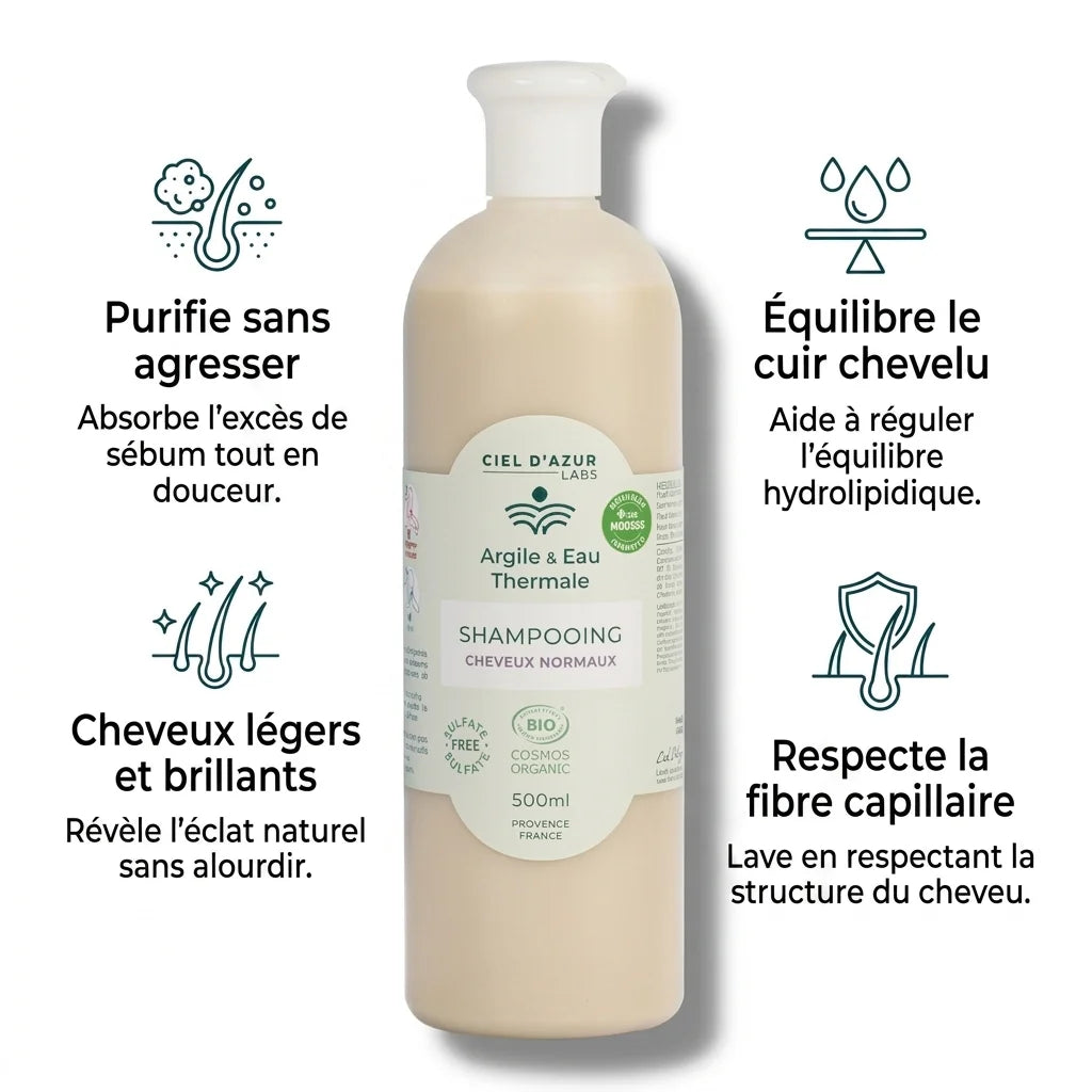 Shampoing bio Argile & Eau Thermale 500ml pour cheveux normaux, flacon blanc pompe