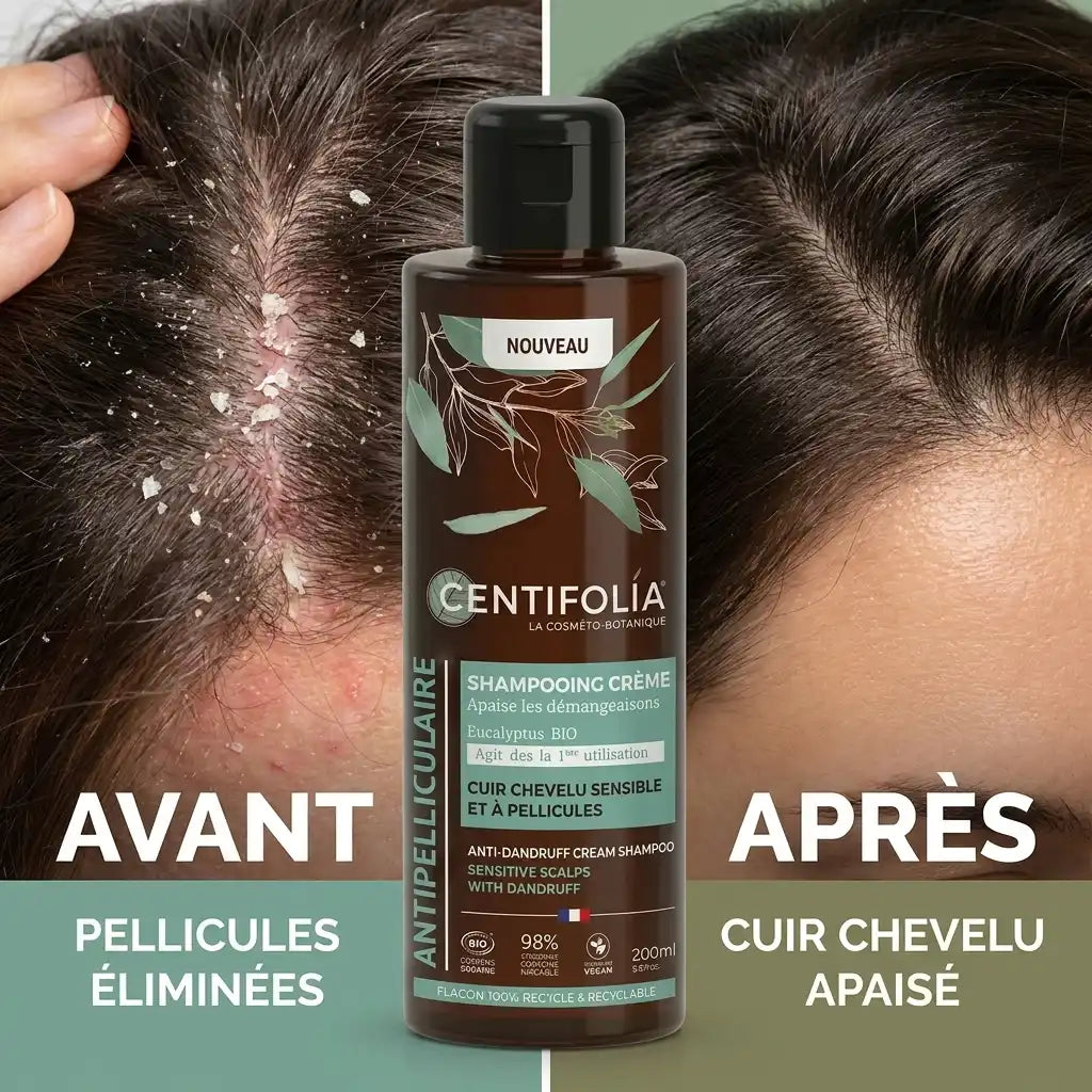 Shampoing bio Centifolia avant-après : cuir chevelu sans pellicules apaisé et sain
