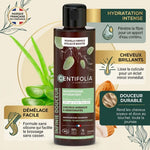 Shampoing crème Centifolia cheveux normaux avec infographies hydratation, brillance et démêlage facile