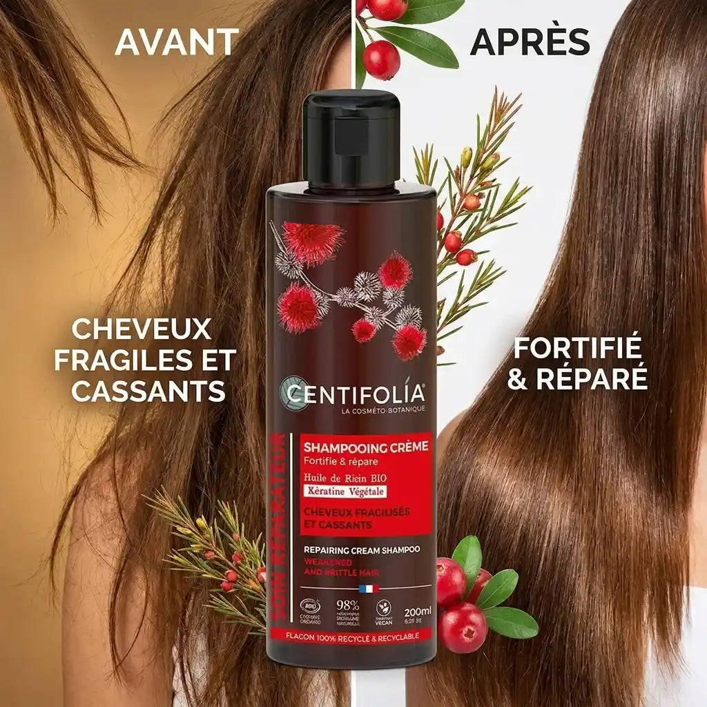 Shampoing Bio Centifolia réparateur 200ml - avant/après cheveux fortifiés et réparés