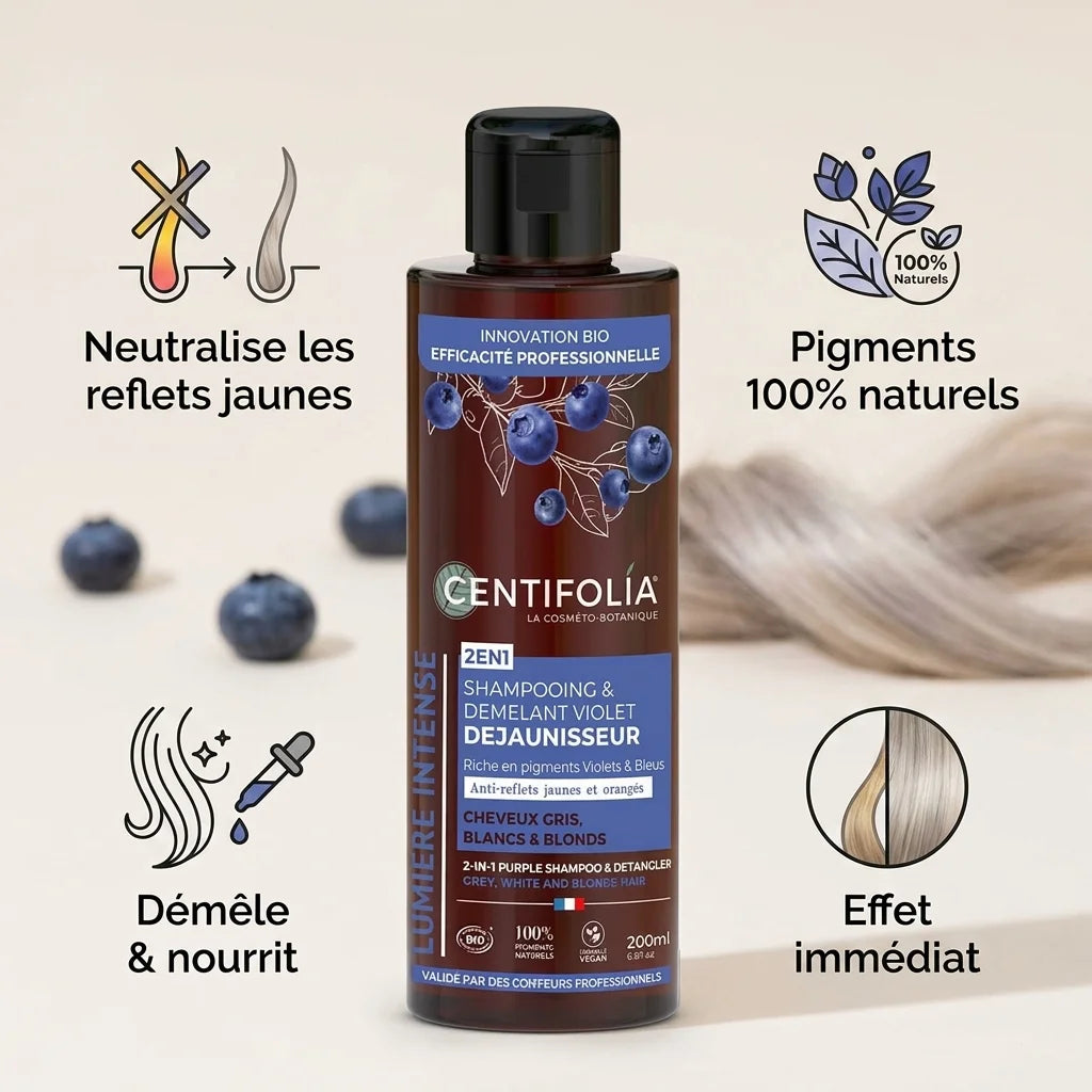 Shampoing démêlant violet bio Centifolia avec ses bénéfices : neutralise reflets jaunes, pigments naturels