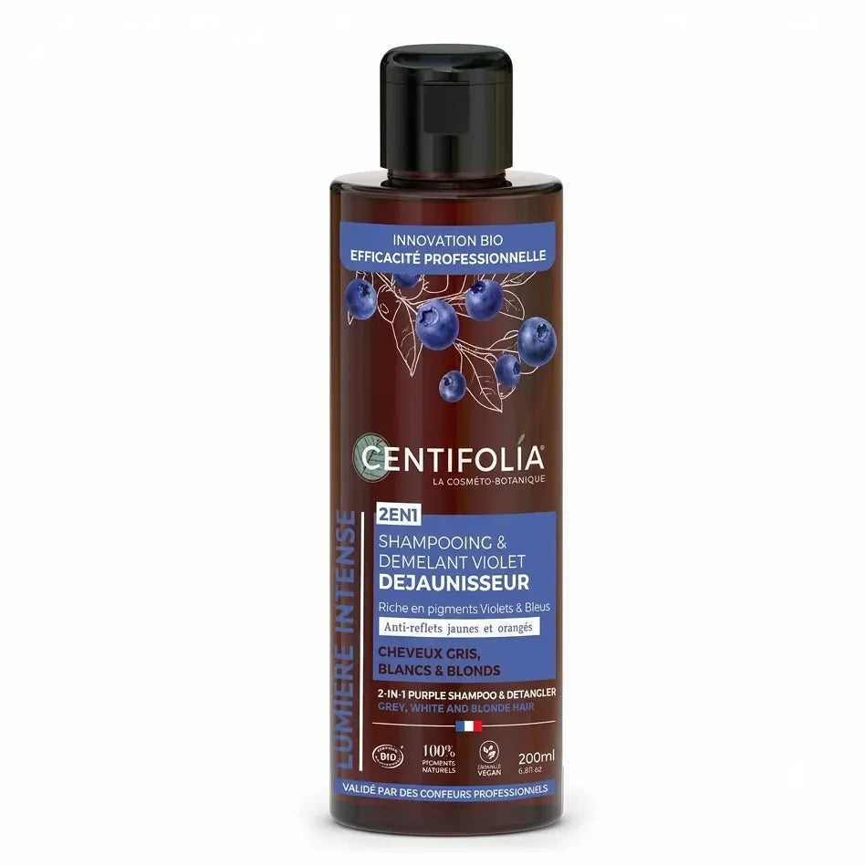 Shampoing démêlant violet bio Centifolia 200ml sur fond blanc