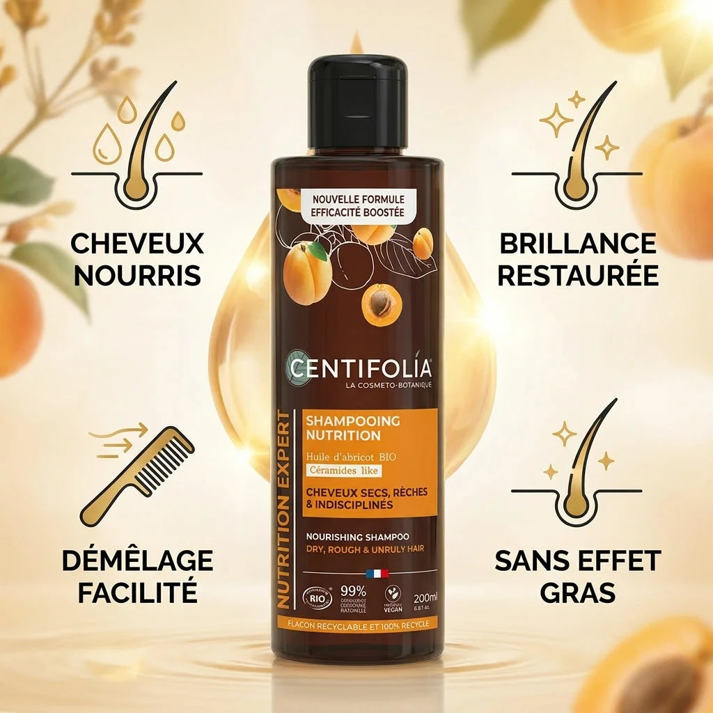 Shampoing nutrition bio Centifolia - flacon verre avec bénéfices : nutrition, brillance, démêlage, sans effet gras