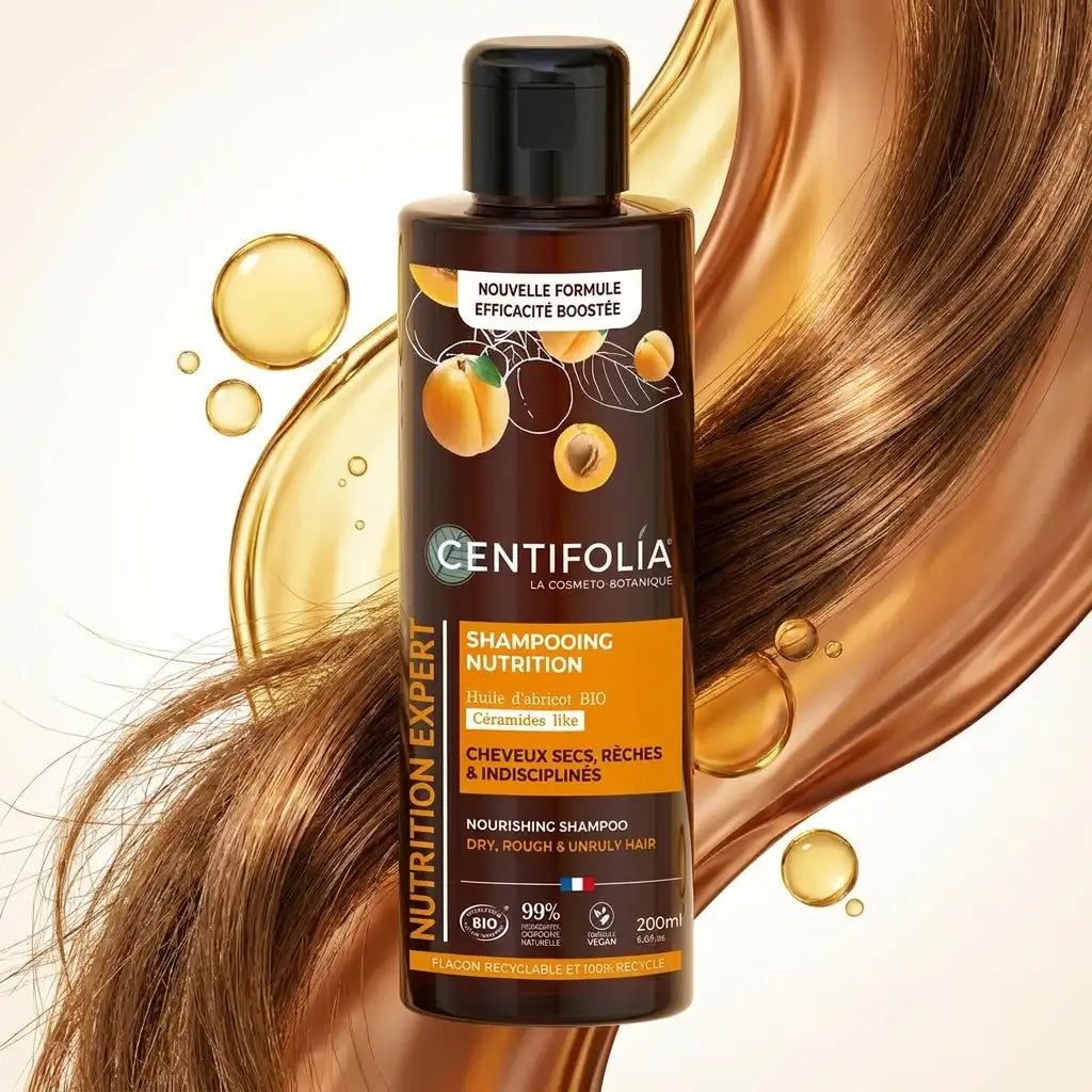 Shampoing nutrition bio Centifolia à l'abricot et céramides pour cheveux nourris et brillants