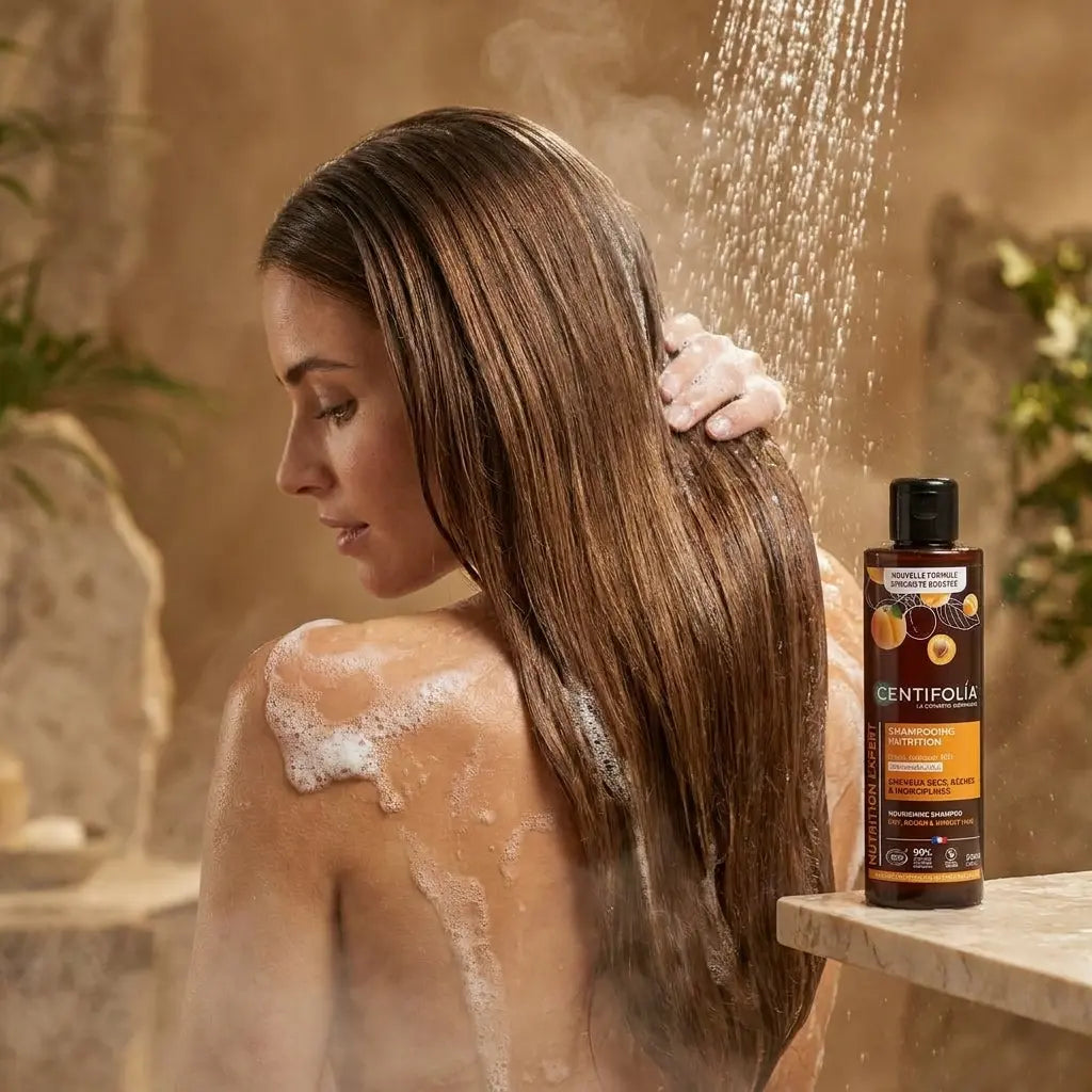 Femme appliquant shampoing nutrition bio Centifolia sous la douche, cheveux brillants et hydratés